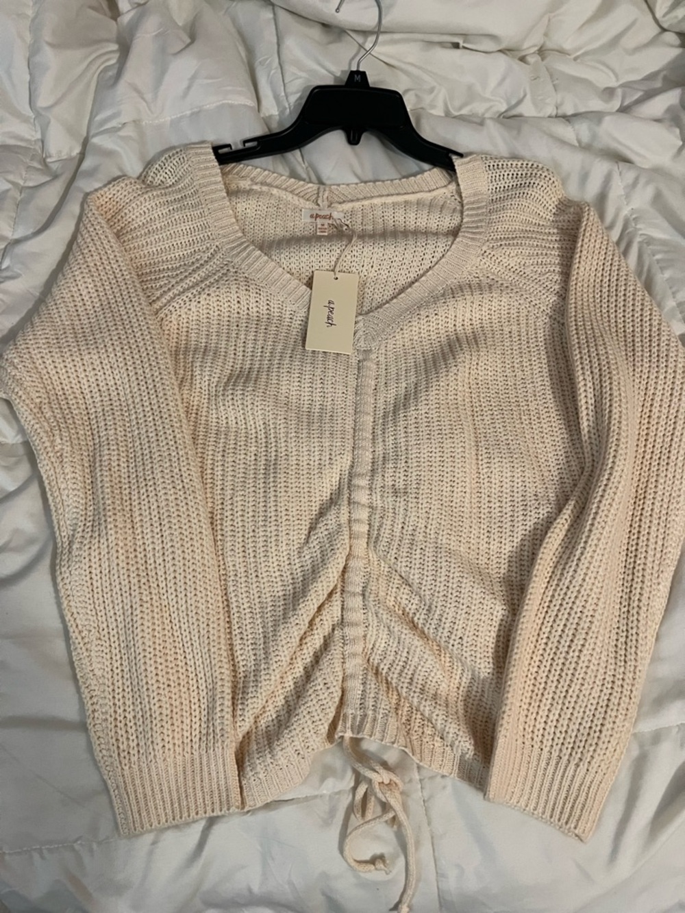 Cream Knit Drawstring Cardigan Sweater